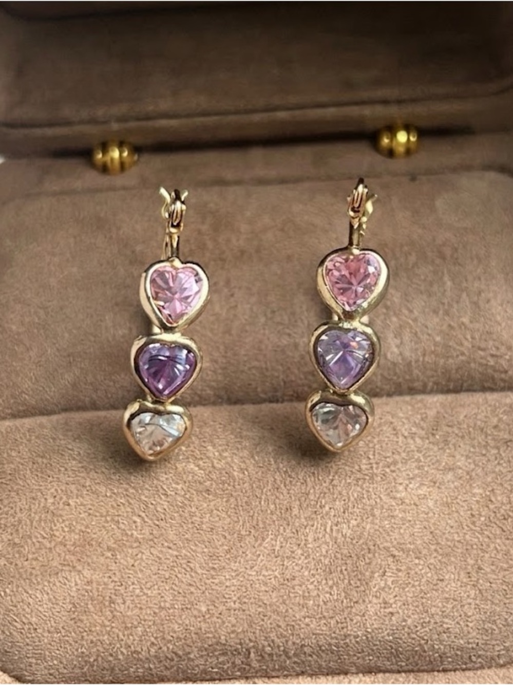 14K Yellow Gold Pastel Heart Tiered Drop Earrings Pink Purple
